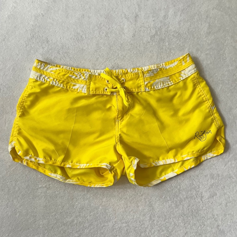 Ron Jon Surf Shop Board Shorts Yellow Floral Trim Lace Up Swim Medium